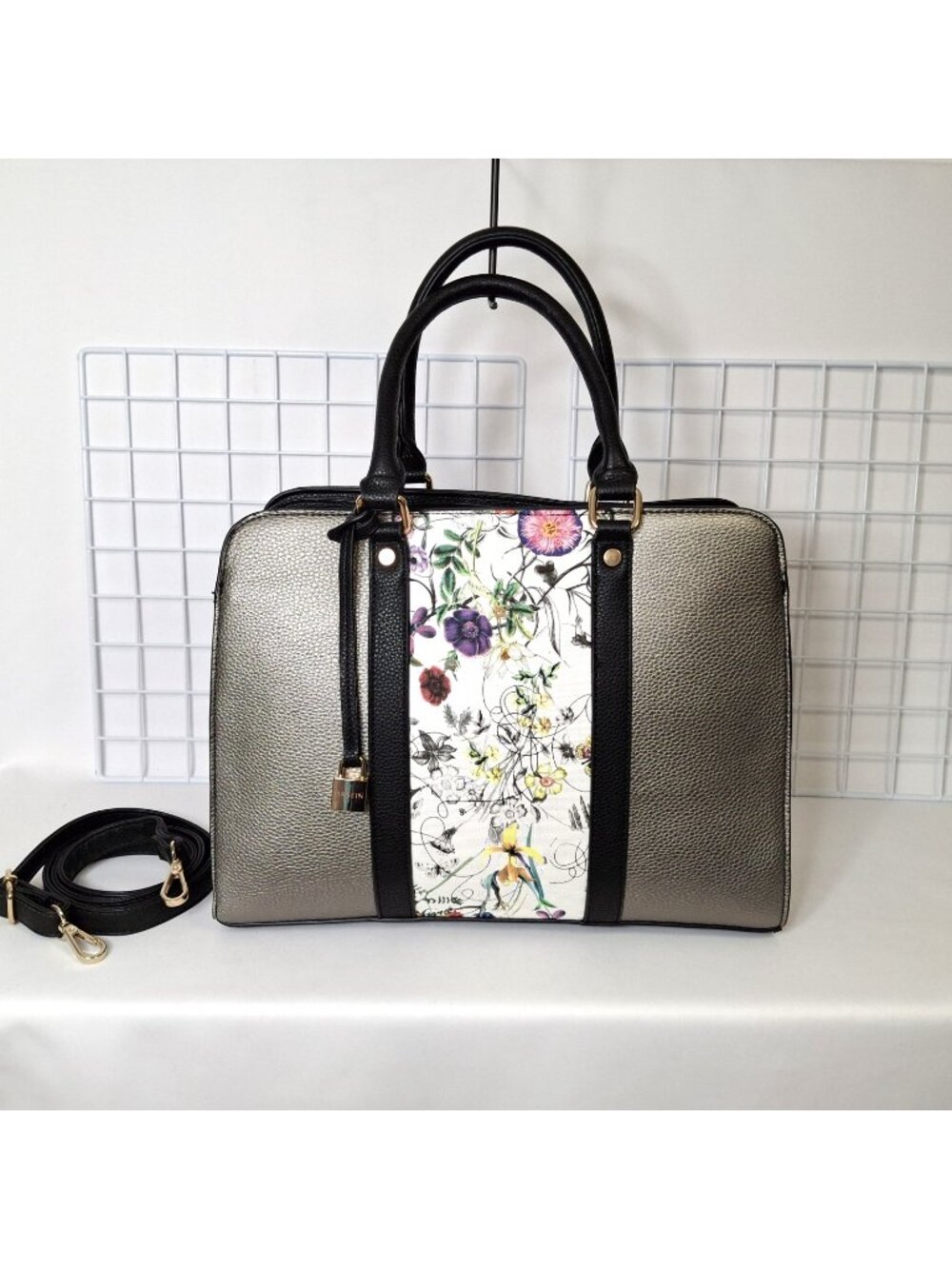 Floral Top Handle Structured Large Purse, Vegan Leather, Goldtone Hardware Dasei